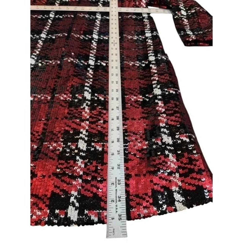 Tuckernuck Womens Medium Red Sequin Tartan Plaid Shift Dress 3/4 Sleeve Mini - Picture 6 of 9